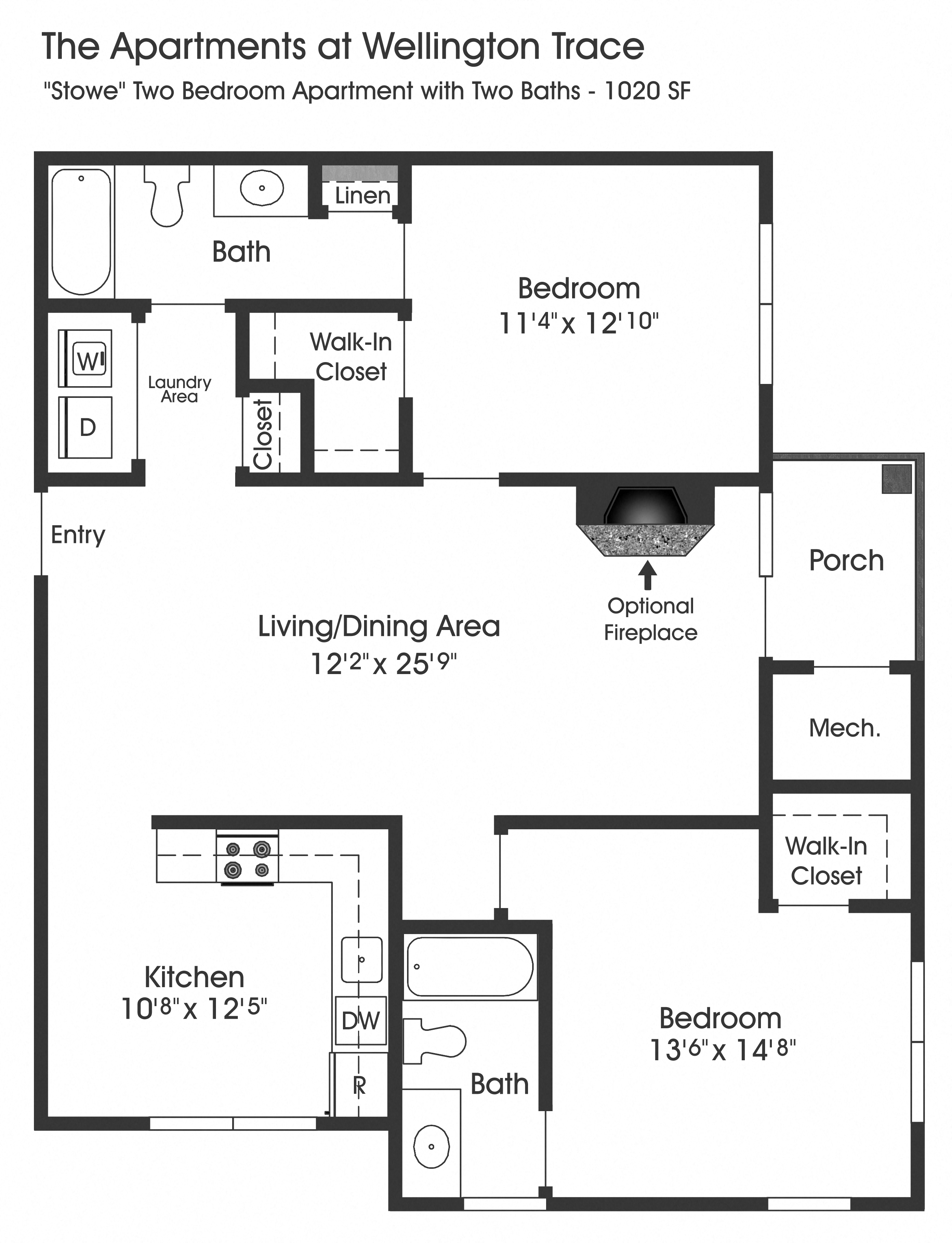 Floor plan for 2 beds, 2 baths, 1020 sqft